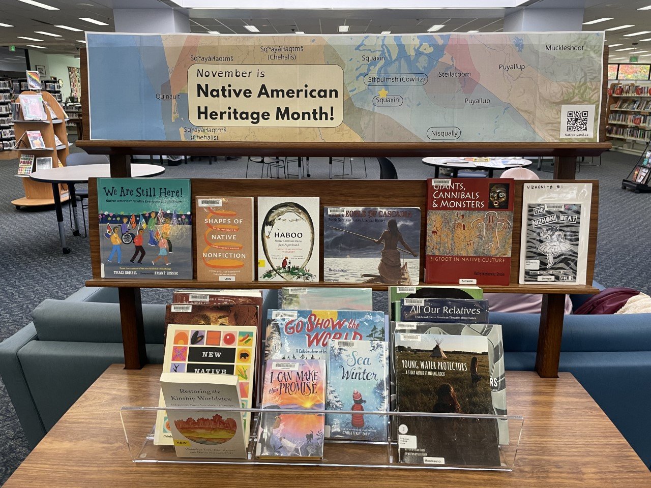 Display at the Olympia Timberland Library celebrating Native American Heritage Month